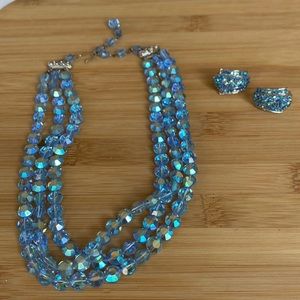 Vintage faceted crystal three layers necklace sand earring set